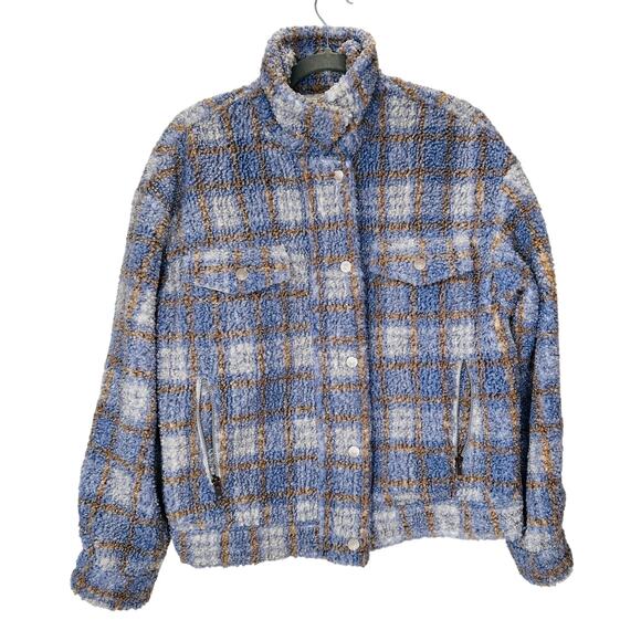 We The Free Fuzzy Loop Stitch Ivory Blue Tan Mock Neck Zip Jacket XS - Picture 2 of 14